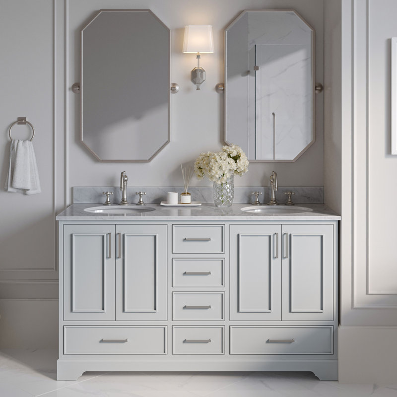 61'' Double Bathroom Vanity with Carrara Marble Top, Gray