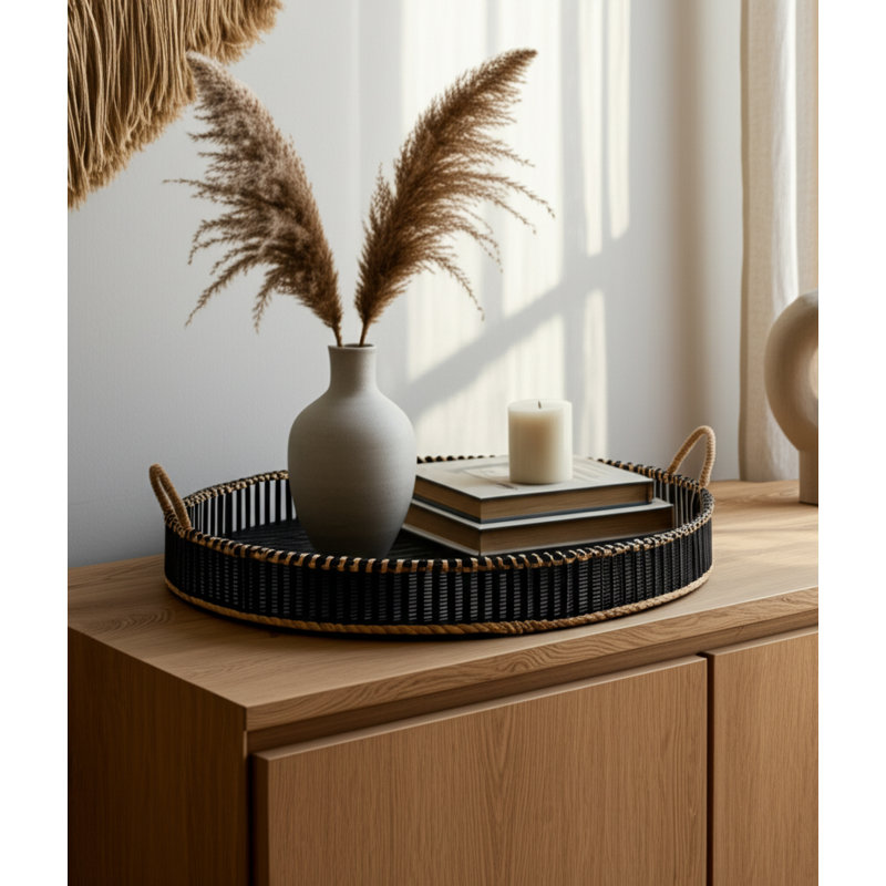 Sagebrook Home Ardian Coastal Large Set of 2 Round Bamboo Serving Trays 24/30", Black