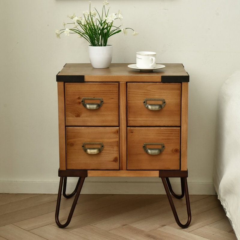 22.5" Tall Antique Style Storage End Table Side Table with 4 Drawers and Metal Hairpin Legs, Antique Walnut, Antique Walnut