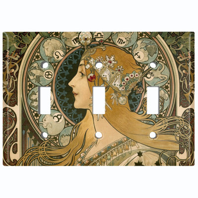 Metal Light Switch Plate Outlet Cover (Beautiful Art Nouveau Wisdom Girls - Triple Toggle)
