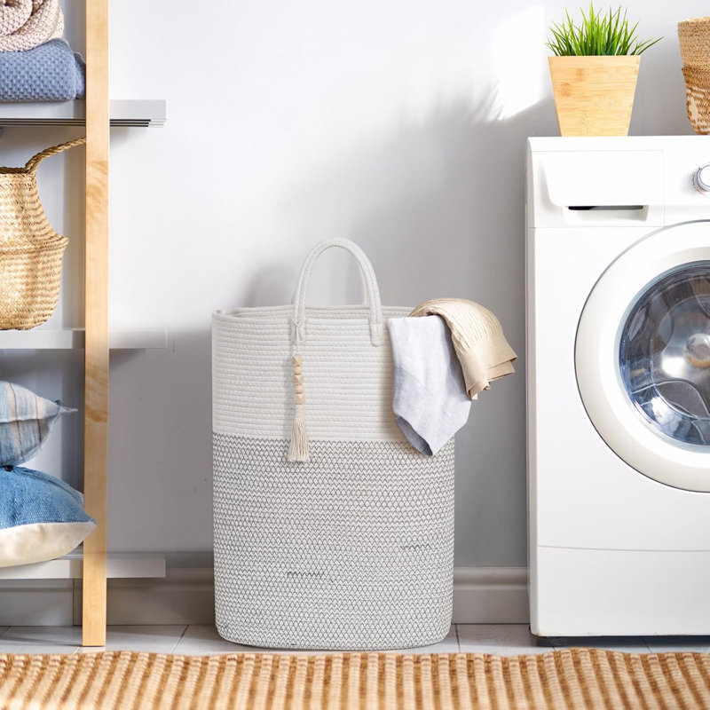 Woven Laundry Basket With Beaded Tassel, Large Rectangular Clothes Hamper For Bedroom Or Nursery, Breathable Cotton Storage Bin For Toys And Dirty Clothes, Home Organization Essential