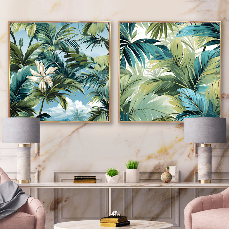 Palmier à motif tropical - ensemble de 2 collages carrés tropicaux, Cadre flottant doré, H 36 po x l 73 po
