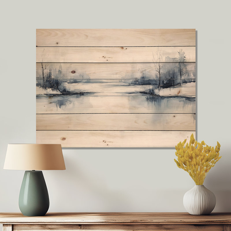 «Winter Lake Silence Landscape II», art mural traditionnel sur bois de pin naturel, H 24 po x l 32 po