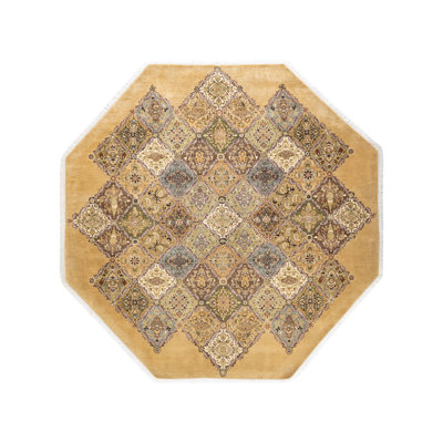 Tapis beige / gris / noir noué à la main de conception unique 7 pi 1 po x 7 pi 1 po Mogul