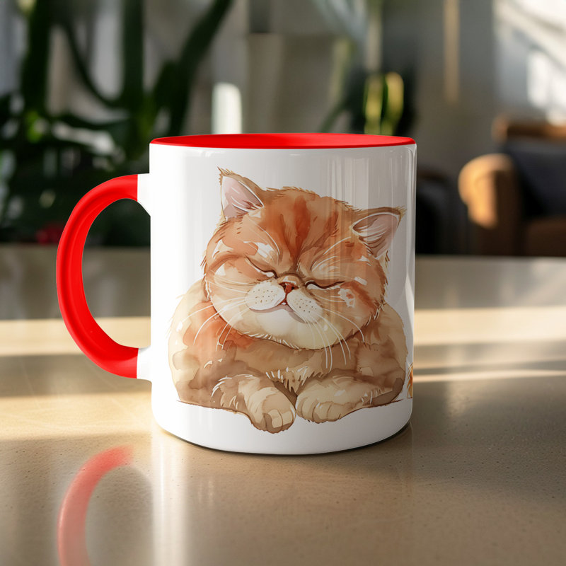 Cat Design 11oz Accent Mug – White Ceramic Coffee Cup with Colored Handle and Interior, 2, Red