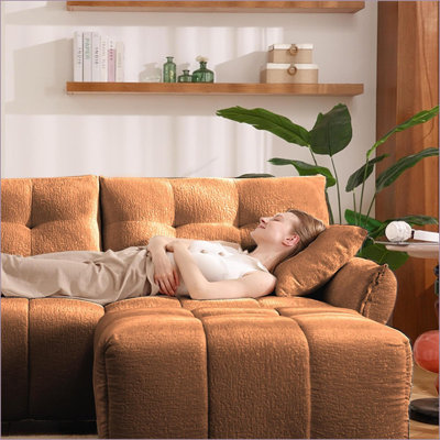 Sofas Couches, 3-Seater for Living/Lounge/Office, Solid Wood with Ottoman &amp; Pillows | Burnt Orange Chenille