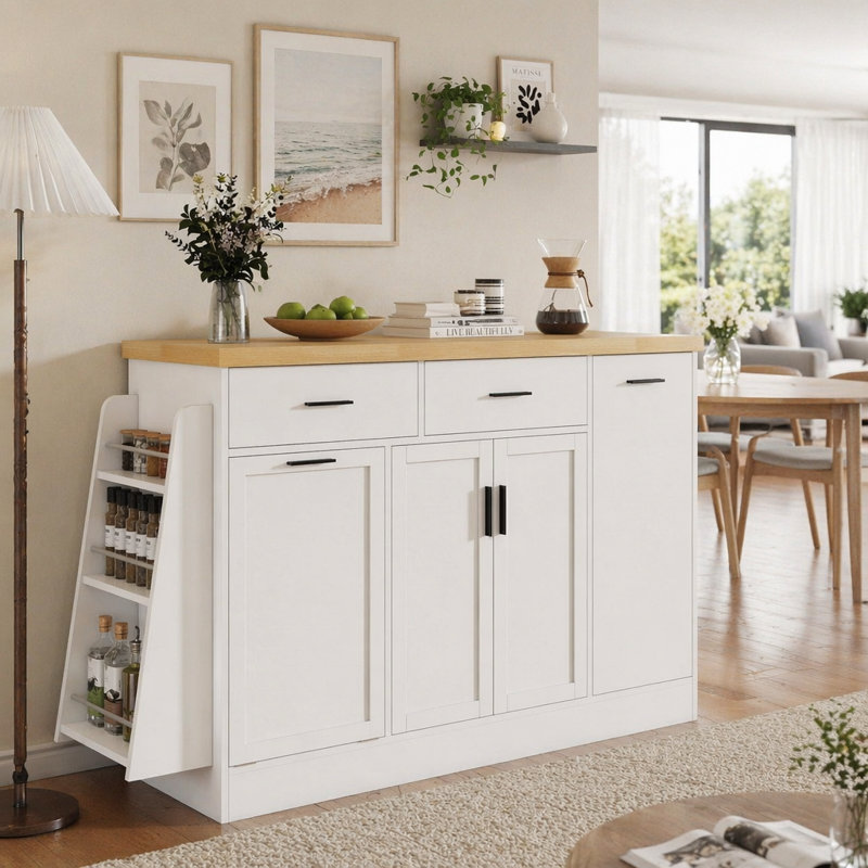 Multi-Functional Storage Sideboard,Kitchen Island Table, White
