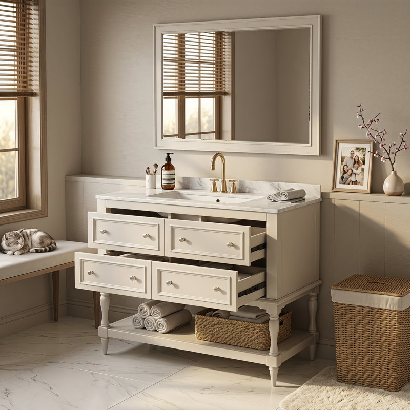 Ensemble de meuble-lavabo 36 po avec lavabo, lavabo en céramique encastré, ensemble de meuble-lavabo autoportant avec 4 tiroirs, armoire de salle de bain avec cadre en bois massif, beige