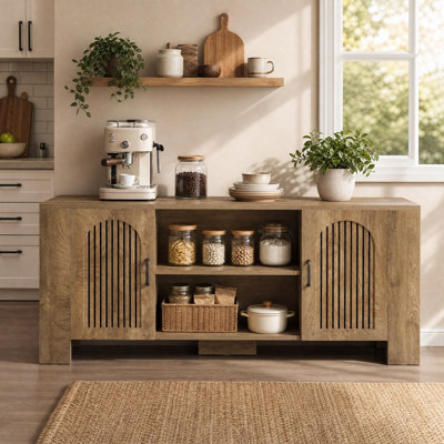 Buffet de 70,9 pouces, meuble de rangement en bois de style champêtre avec portes cintrées à lattes