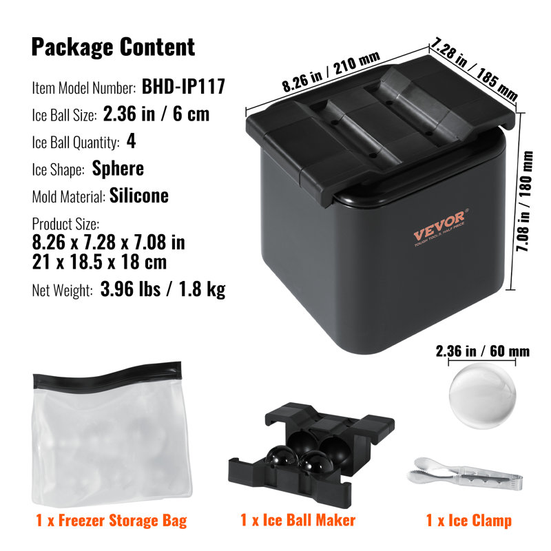 Black Silicone 4-Cavity Clear Ice Ball Maker with Storage Bag