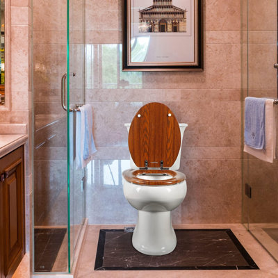 Round wooden toilet seat with silent closing and quick-release hinges, easy to install and convenient for cleaning (round, brownish red)