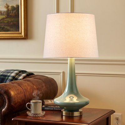 24.25” Modern Vintage Green Glass Table Lamp With Oatmeal Linen Shade