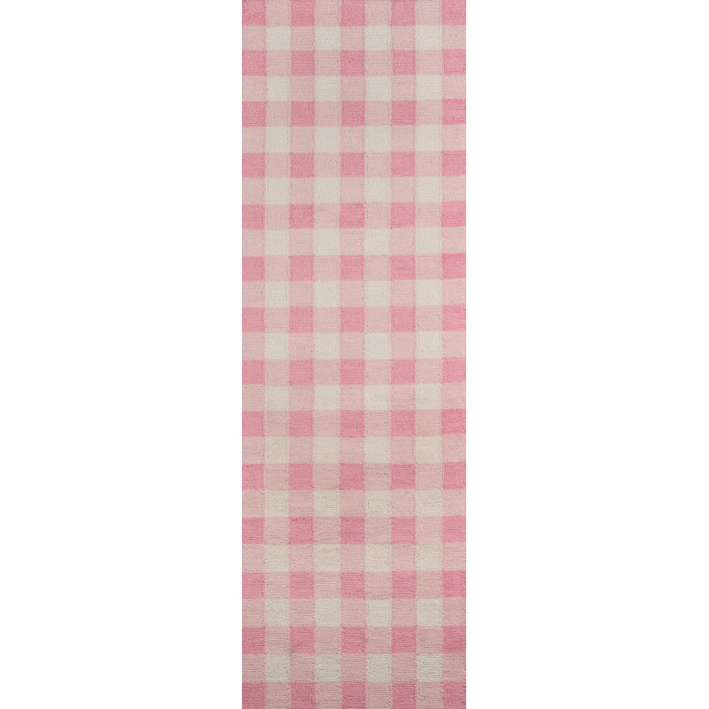 Tapis rose bonbon / blanc crocheté à la main Zager, Tapis de couloir 2 pi 3 po x 7 pi 6 po