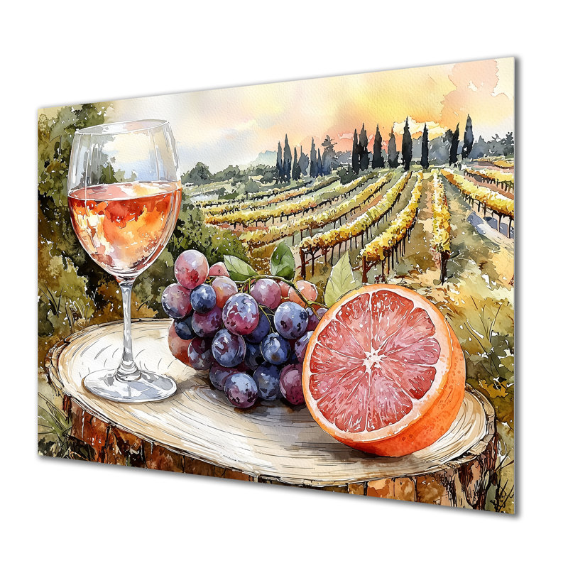 Pamplemousse avec verre de vin dans un vignoble - Art mural en métal Vineyard, H 30 po x l 40 po