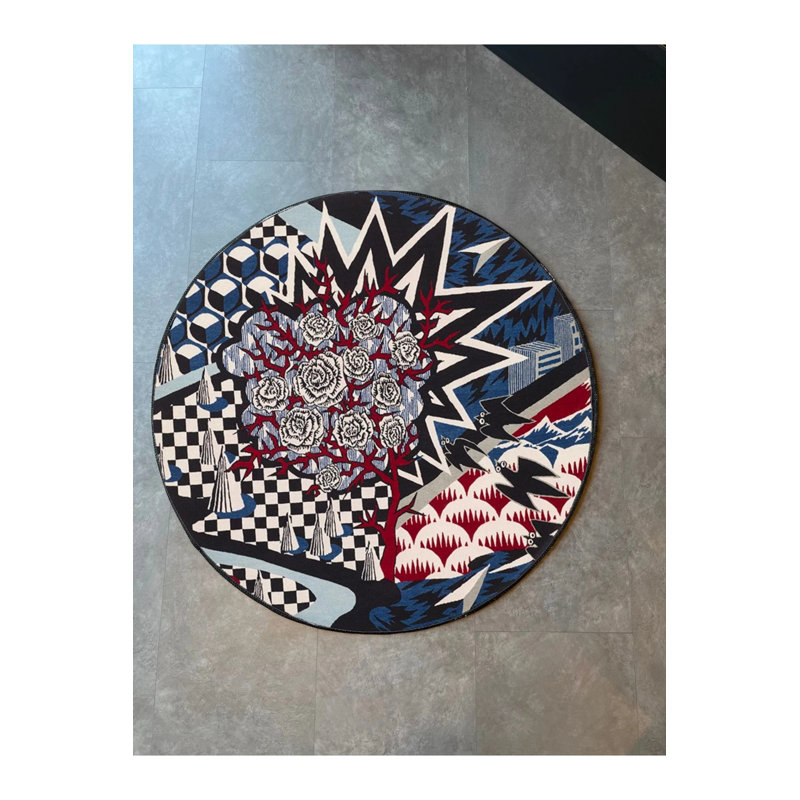 Black And White Colorful Checkerboard Abstract Geometric Round Woven Floor Carpet, Round 5'