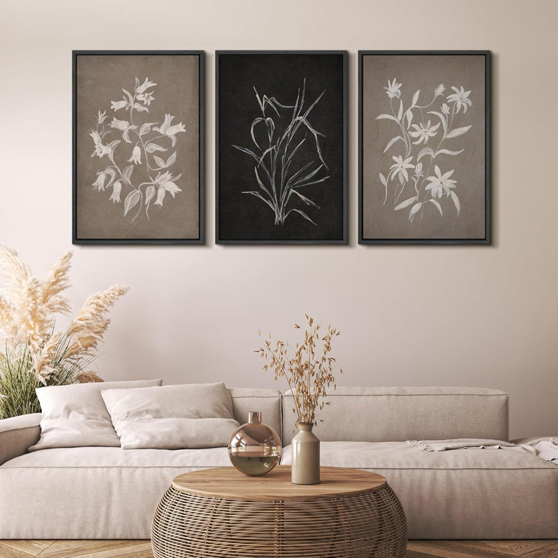 «Modern Monochron Flower Illustration», 3 pièces, Noir, H 24 po x l 16 po