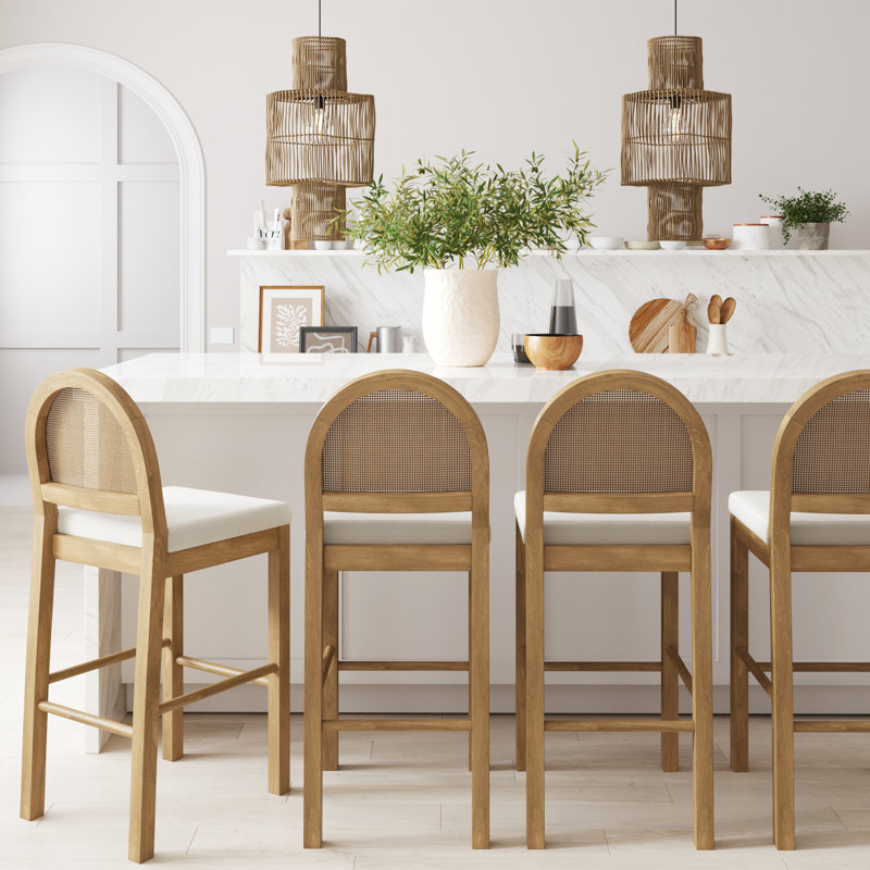 Bailey Light Brown Boucle Upholstered Bar Stools with Rattan Back, Set of 4
