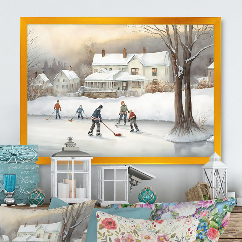 Enfants jouant au hockey en hiver III - peinture sur toile, Cadre doré simple, H 16 po x l 32 po x P 1 po