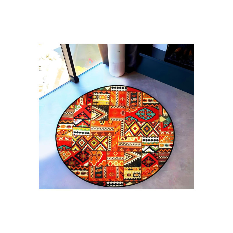 Round Multicolor Patchwork Ethnic Pattern Woven Base Modern Decorative Machine Washable Rug, Round 3'3" 