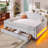 Upholstered Full Size Daybed with LED Belt, Trundle and Three Drawers, Beige-1833071497