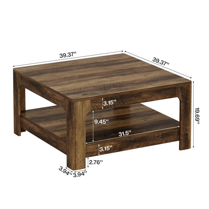 39.5" Square Coffee Table with 2-Tier Storage for Living Room, Light Brown