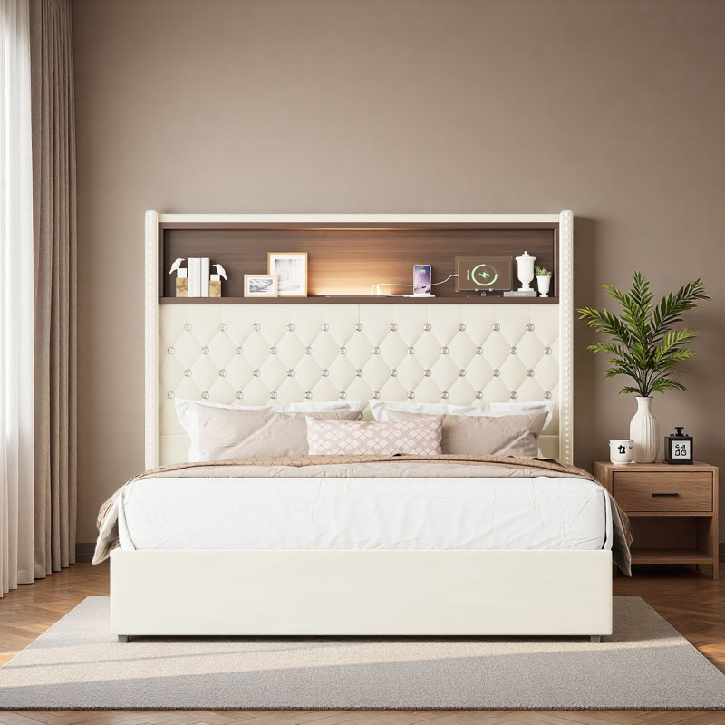 Structure de lit moelleuse en velours avec port USB et veilleuse, tête de lit haute 52 po avec rivets, lit plateforme à oreilles avec tablette de tête de lit