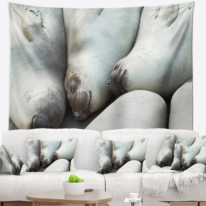 Éléphants de mer abstraits prenant une tapisserie Nap, H 50 po x l 60 po