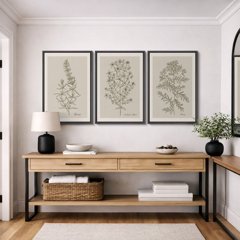 Minimal Botanical "Duotone Beige Green Classic Artwork, Simple Neutral Botanical Wall Pictures, Large Framed Canvas Giclee Print 3 Pieces Wall Art Set"  16"x24"x3 pcs, 24"x36"x3 pcs