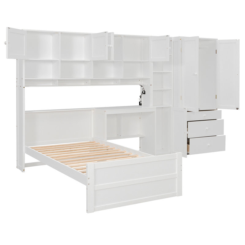 Lit plateforme simple en bois avec bureau, armoire, armoires, tiroirs et tablettes, blanc, Blanc