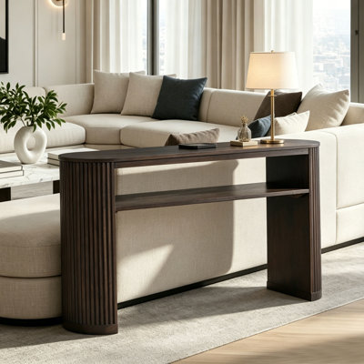 Fluted Oval Console Table,  Entryway Sofa Table with Open Storage Shelf, Modern Ribbed Accent Table for Living Room, Foyer, Hallway