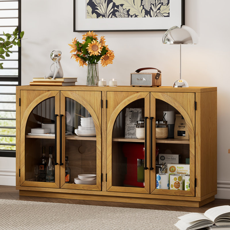 4-Door Large Storage Sideboard Buffet Cabinet With Glass Doors, Arched Cabinet With Adjustable Shelves For Kitchen, Dining Room And Living Room