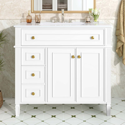 36-Inch Bathroom Solid Wood Cabinet Vanity With Sink, Flip-Out Drawer, 3 Drawers & 2 Soft-Close Doors, Gold Handles & Modern Design