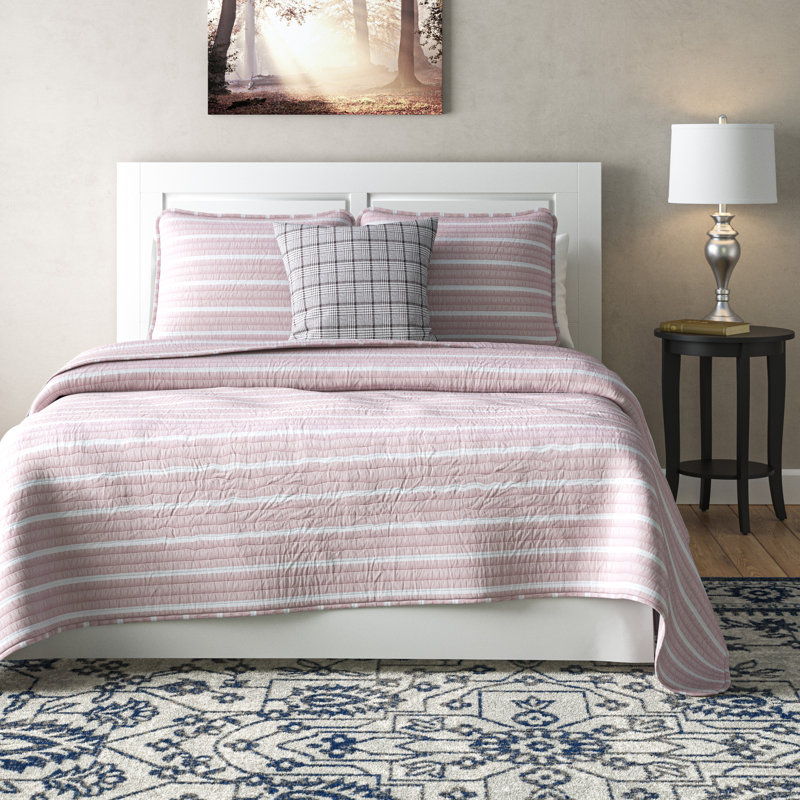 Polyester Striped Quilt, Navy, Queen Quilt + 2 Shams