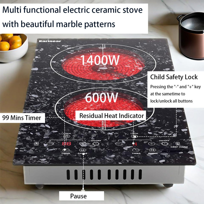 Surface de cuisson électrique à 2 brûleurs Karinear 12 pouces 2000W avec surface en marbre