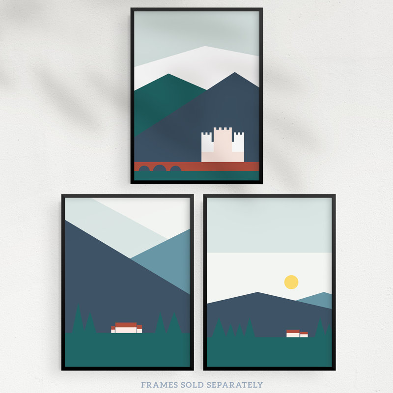 Geometric Bold Scottish Mountain Countryside House Castle Landscape - 3 Piece No Frame Print Set, Multicoloured Green