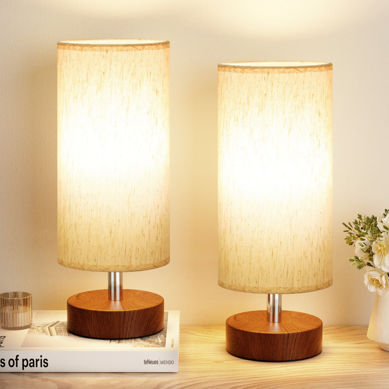 Lampes de chevet 11,6 po avec abat-jour beige et base de grain de bois brun-rougeâtre