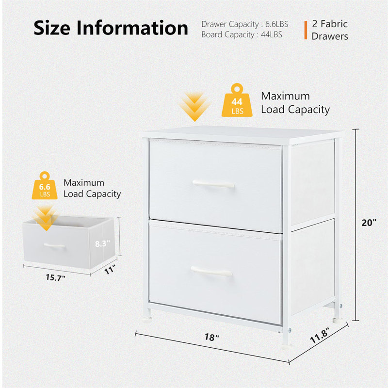 2 Storage Drawers For Bedroom Nightstand Small Dresser Chest Of Drawer End Table For Living Room, White, 1