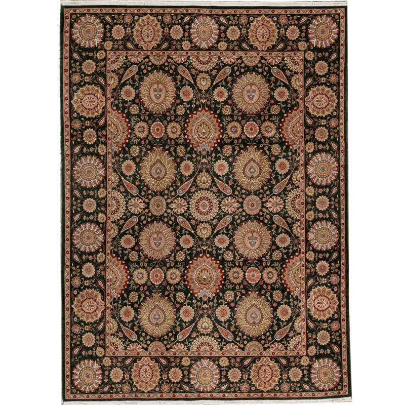 Tapis vert et brun noué à la main de haute qualité