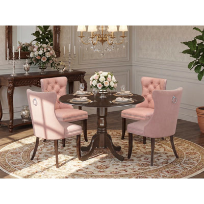 5 Piece Dining Room Set Consists of a Round Solid Wood Table with Dropleaf and 4 Upholstered Chairs, Mahogany