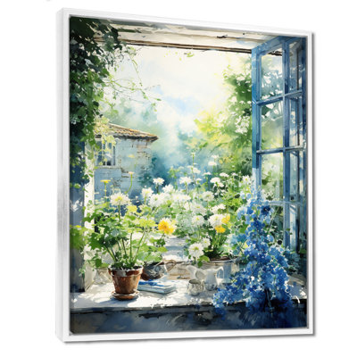 Green and blue countryside window Charm II - Farm Windows Canvas Wall Art