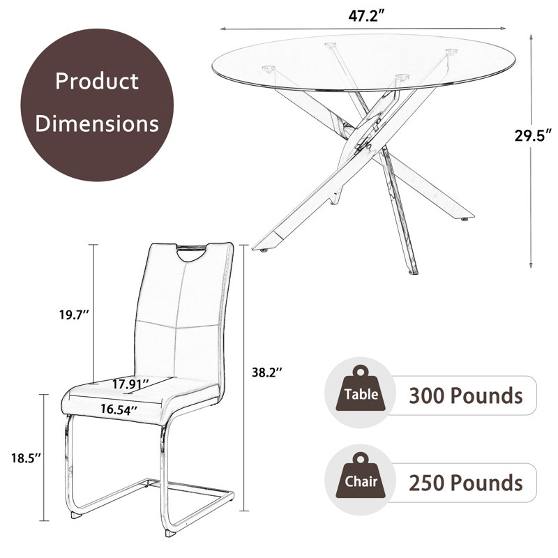 5 - Piece Round Glass Pedestal Dining Set, Silver, 29.5"H x 47"L x 47"W, White/Silver