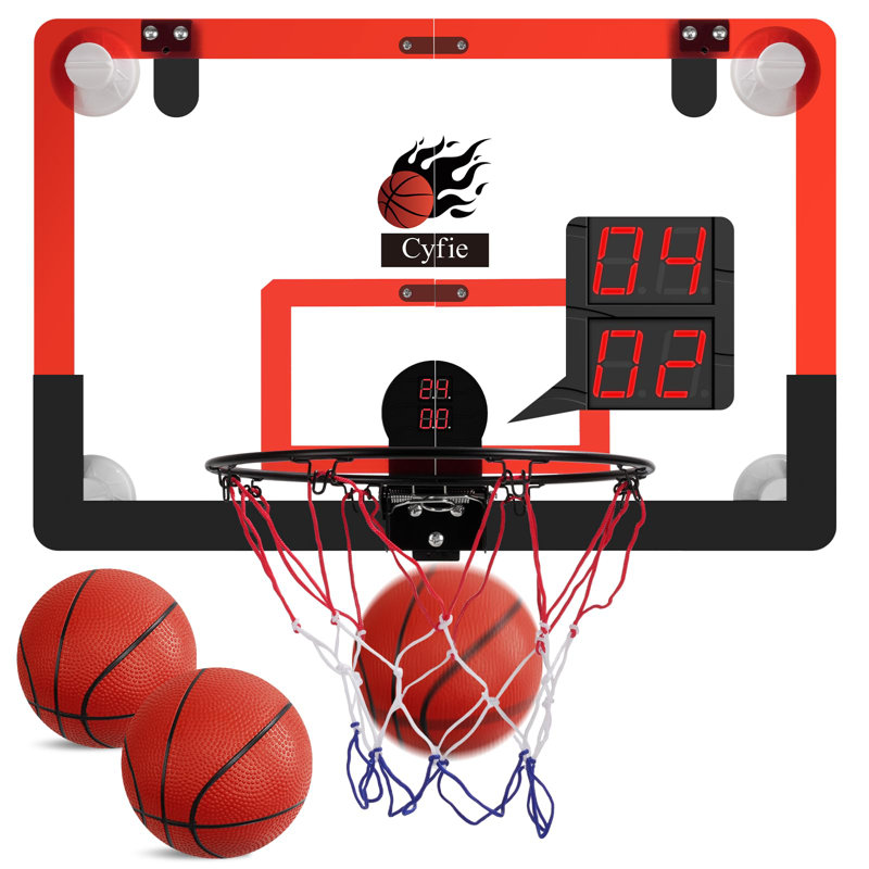 Panier de basketball 24 "x 16" avec ventouses et crochets au-dessus de la porte, tableau de pointage électronique, son et 3 balles Cyfie