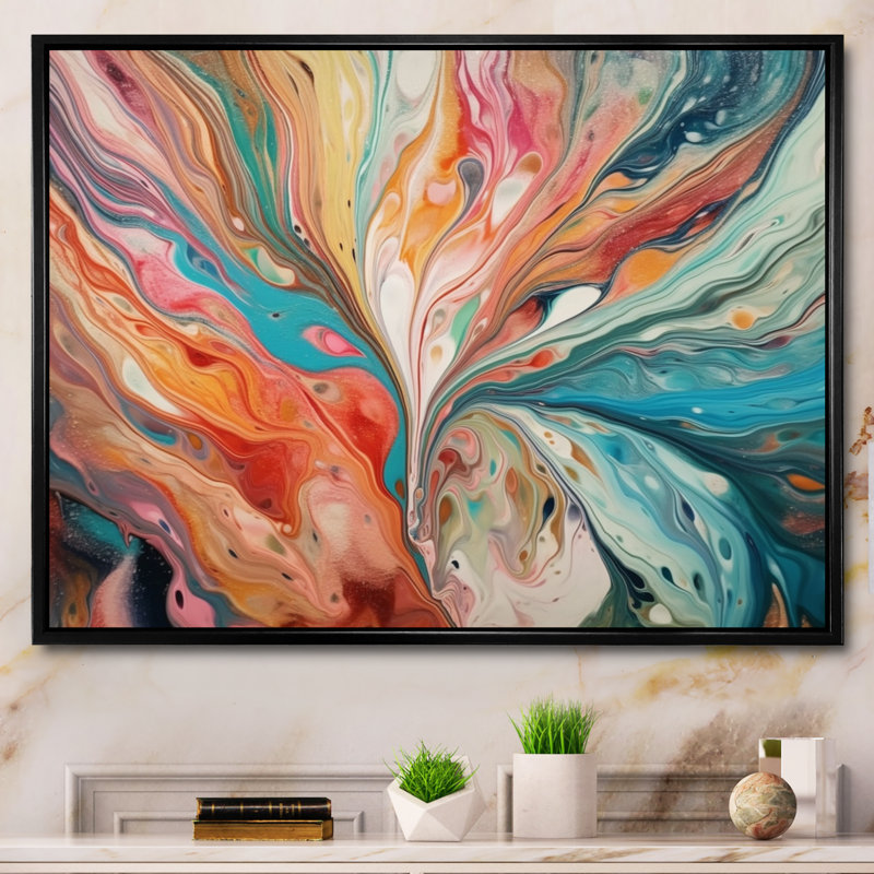 Art mural abstrait bleu sarcelle marbré - fantaisie III, H 30 po x l 40 po x P 1,5 po, Cadre flottant noir
