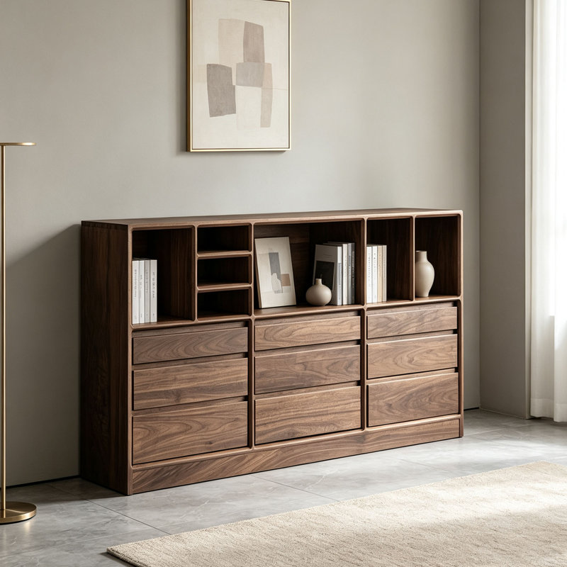 Bibliothèque basse de style américain pour le salon, H 31,50 po x l 47,24 po x P 11,81 po, Marron foncé