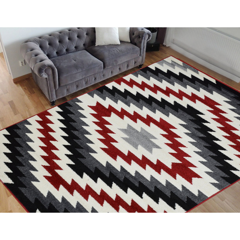 Tapis géométrique rouge/gris/noir zone Adreanna, Rectangle 7 pi 8 po x 10 pi