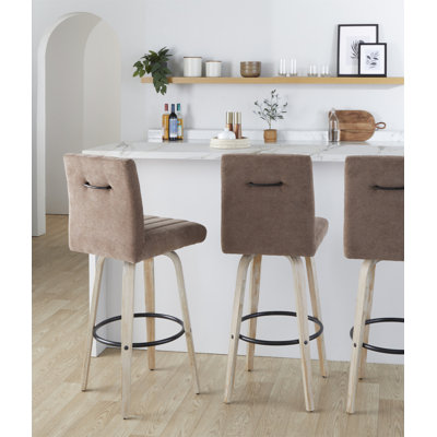 Tabouret de bar 30 po à hauteur fixe avec pivot en bois blanchi et tissu brun avec repose-pieds rond noir en métal 30 po