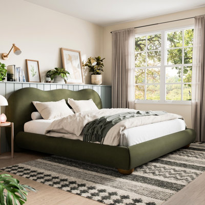 Structure de lit grand format, couleur olive, rembourré Boucle, design contemporain, pièce de chambre moderne rembourrée stable, soutenue par des pieds en bois