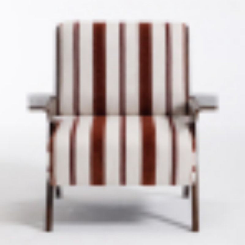 Fauteuil en tissu à rayures rouges et blanches, monobloc, accoudoirs élargis, mousse haute densité, structure en bois massif, dossier ergonomique