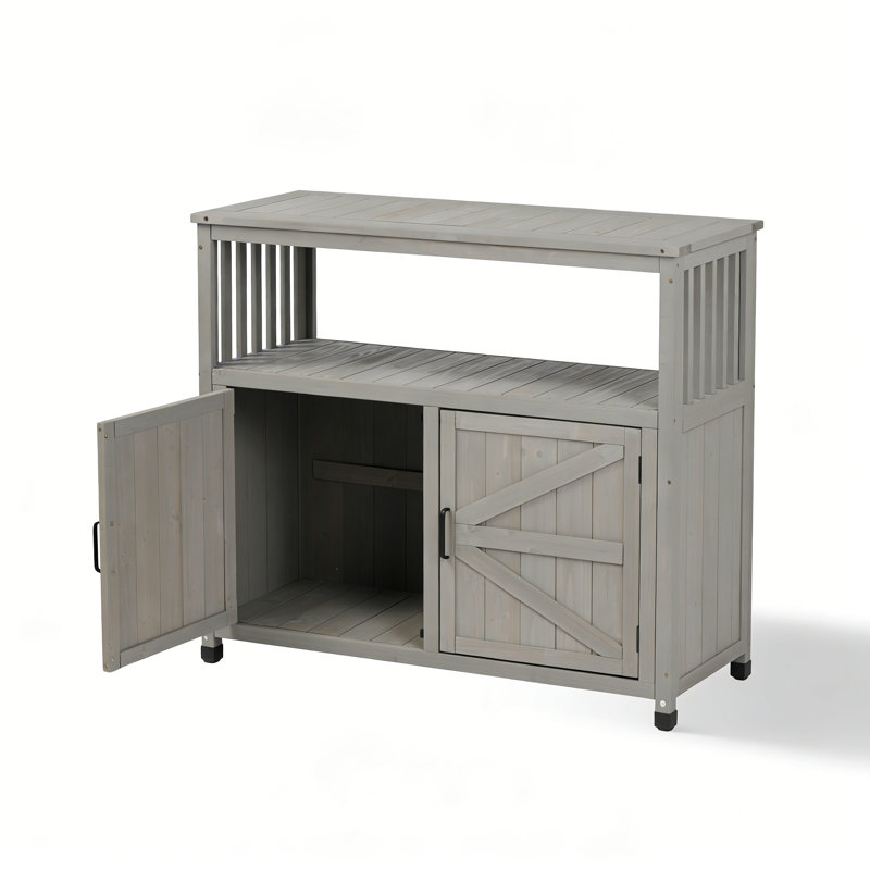 Wooden Patio Bar Table Set with Storage, Outdoor / Indoor Buffet Cabinet Sideboard, Gray