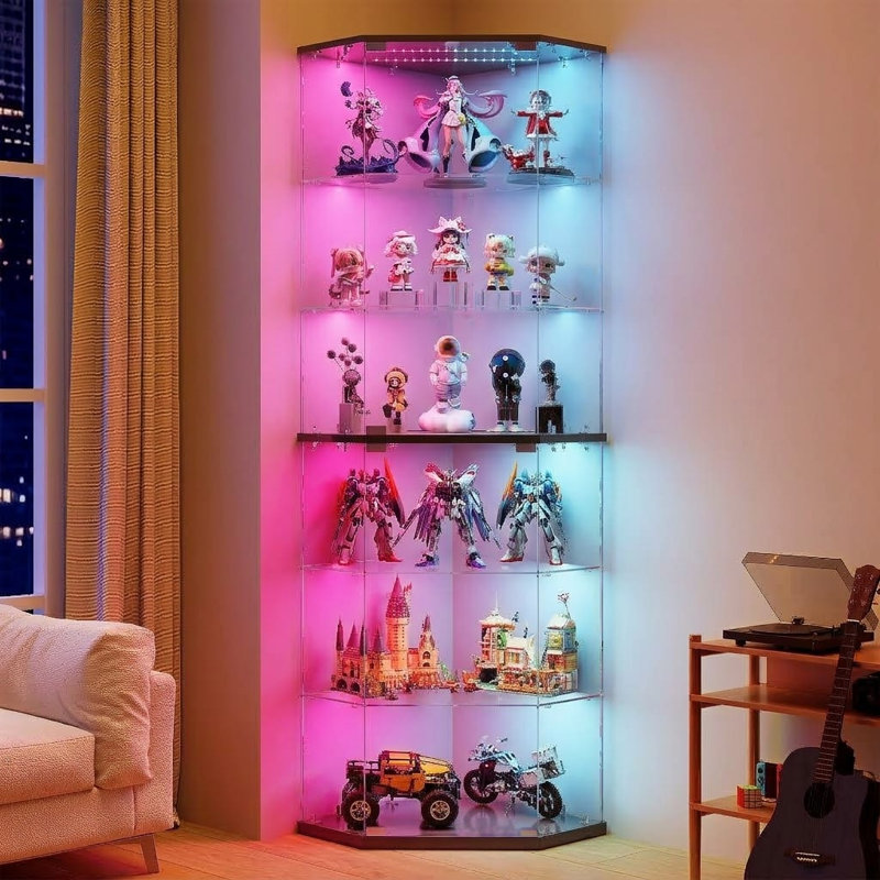 175cm Corner Glass Display Cabinet with 5-Tier Shelves, RGB Lighting, Motion Sensor and Push-to-Open Doors, Black